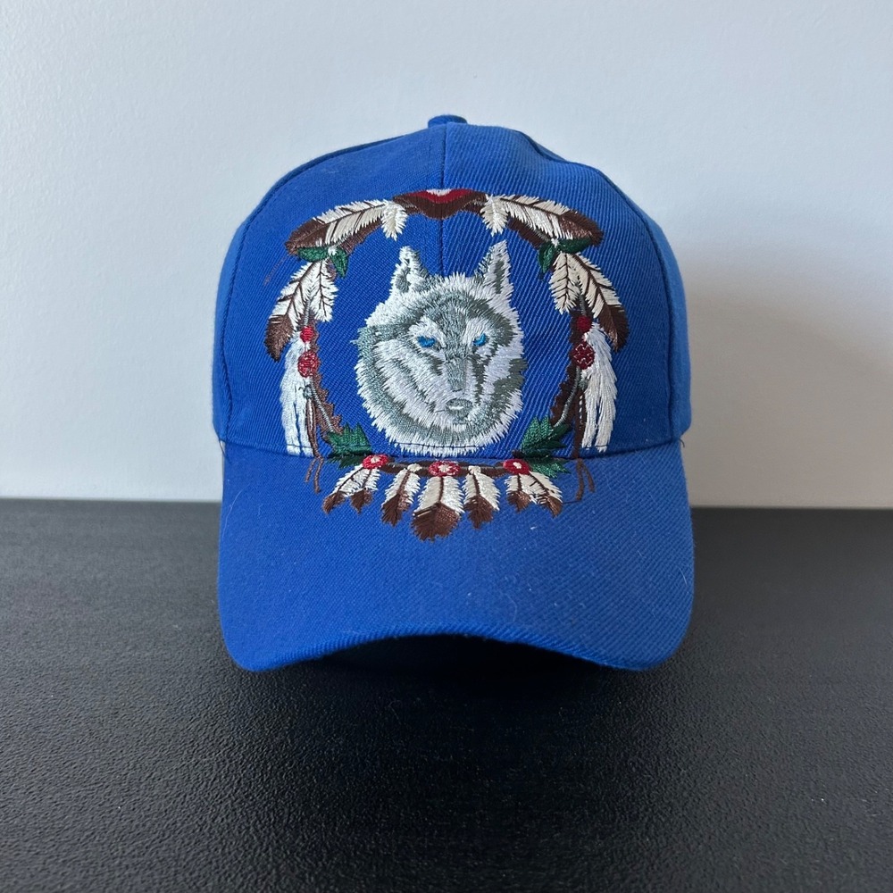 Vintage Wolf Tribal Hat Cap Strap Back Adjustable Blue Embroidered Adult